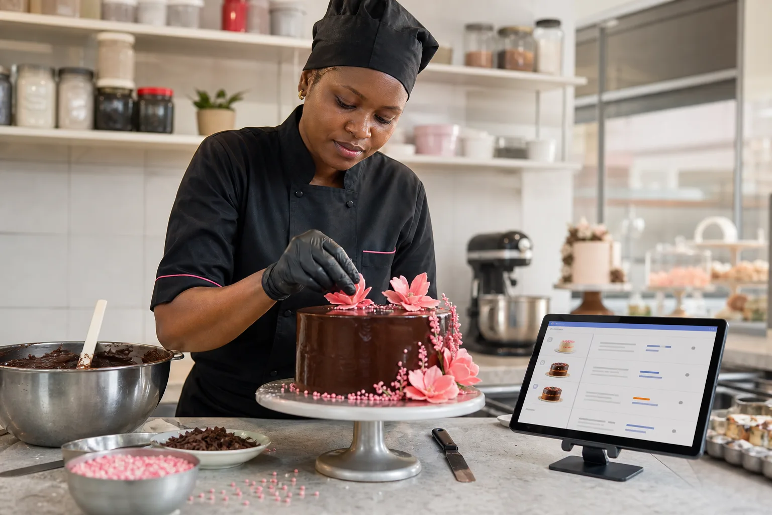 Pâtissière préparant un gâteau sur commande dans une boulangerie à Cotonou, avec tablette de suivi des commandes