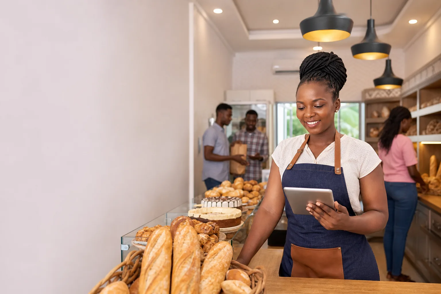 Propriétaire de boulangerie sereine derrière son comptoir à Cotonou