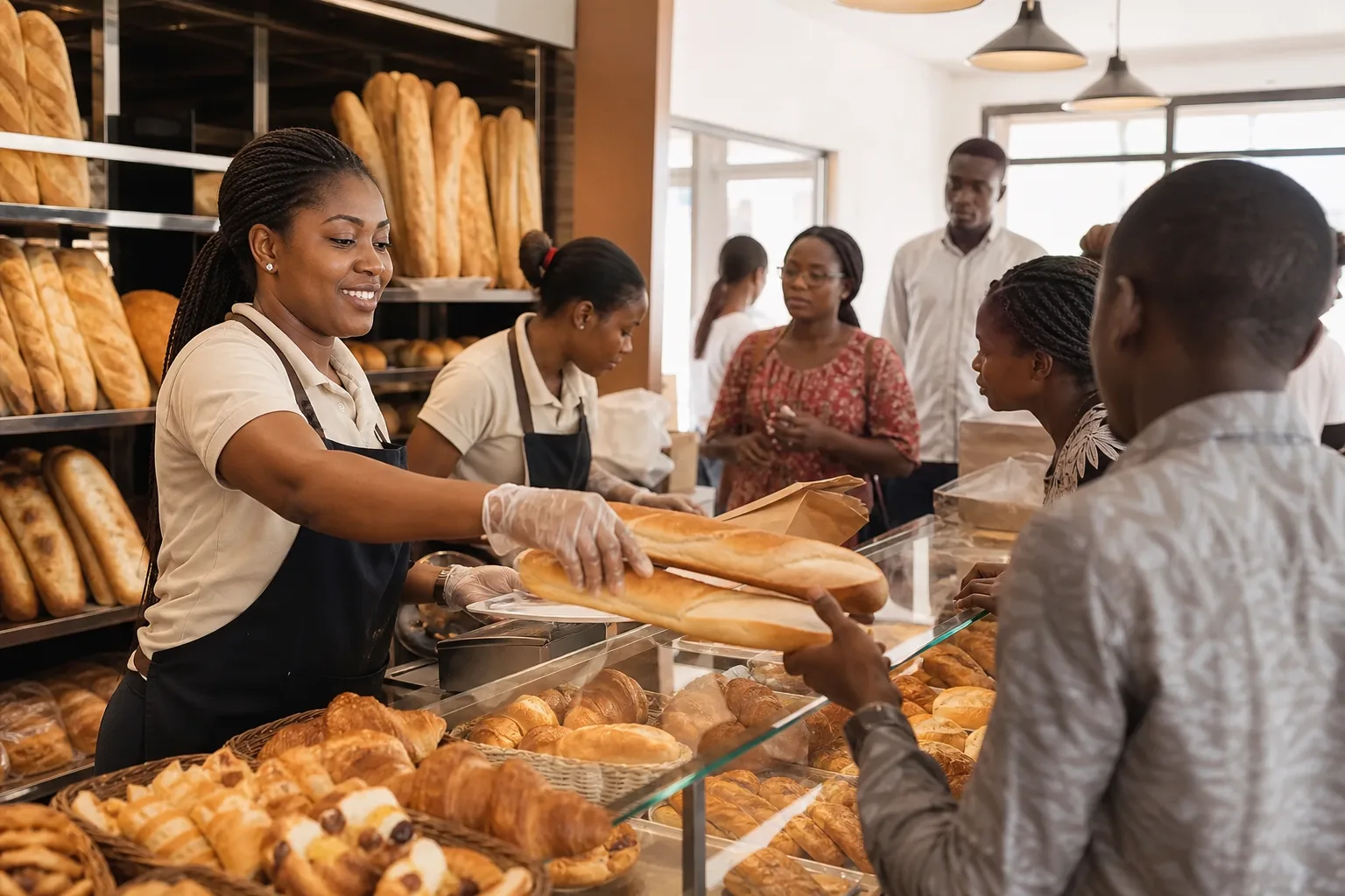 File du matin dans une boulangerie africaine moderne à Cotonou — service rapide au comptoir