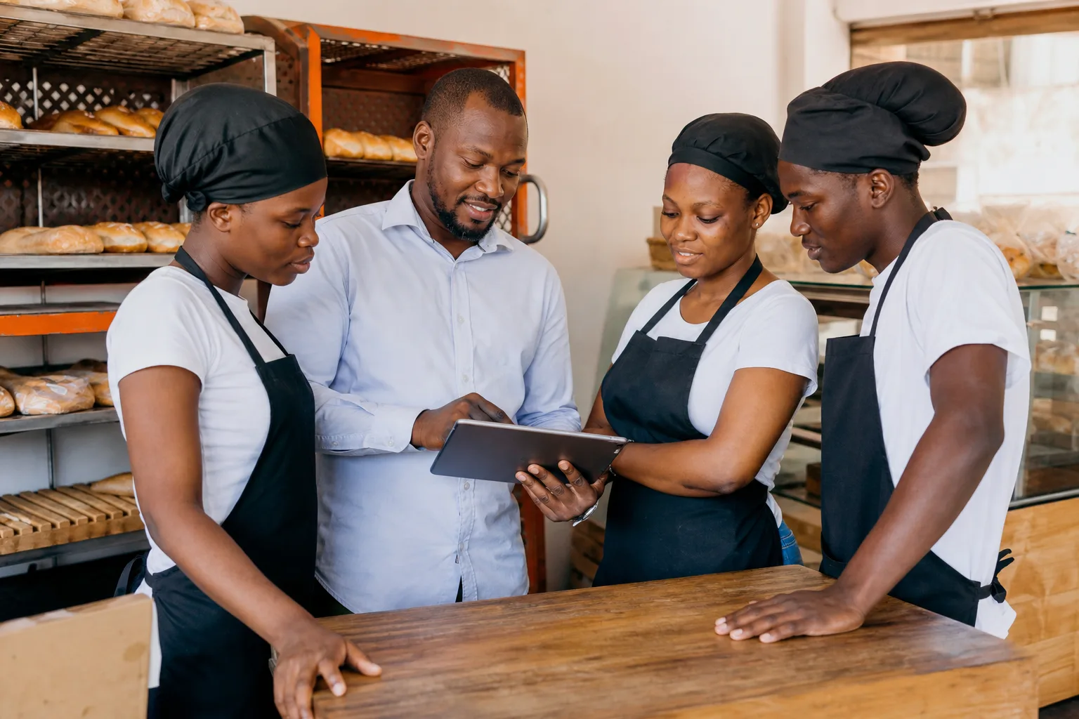 Équipe d'une boulangerie à Cotonou en réunion autour d'une tablette