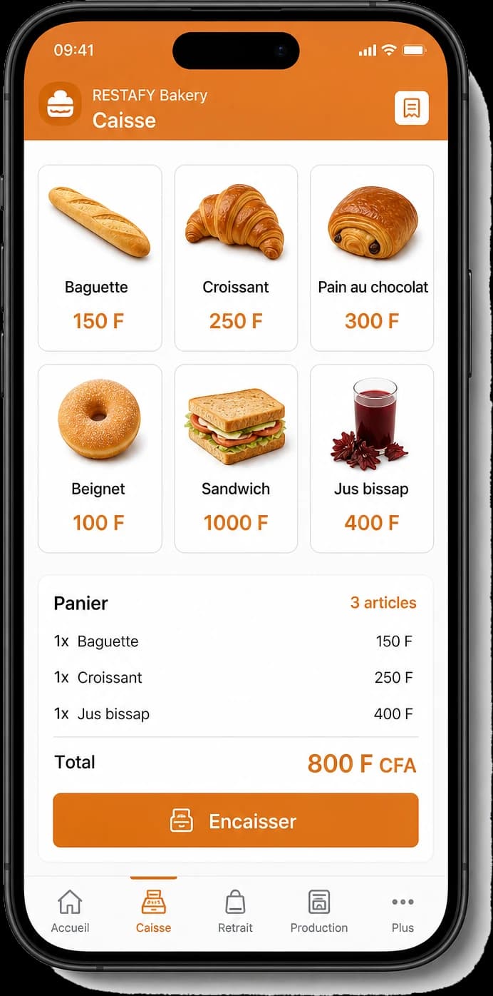 Écran Caisse RESTAFY Bakery : touches produits baguette, croissant, pain au chocolat et encaissement rapide.