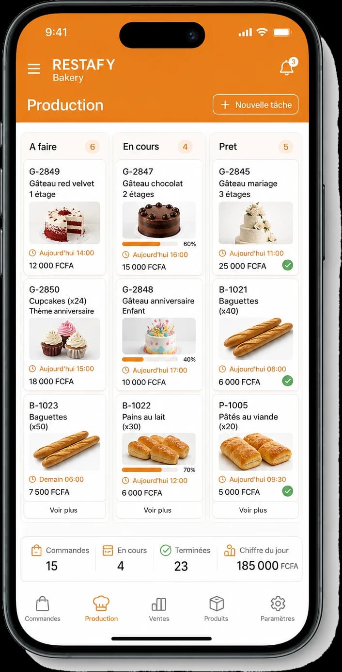 Écran Production RESTAFY Bakery : file de préparation gâteaux et viennoiseries en trois colonnes.