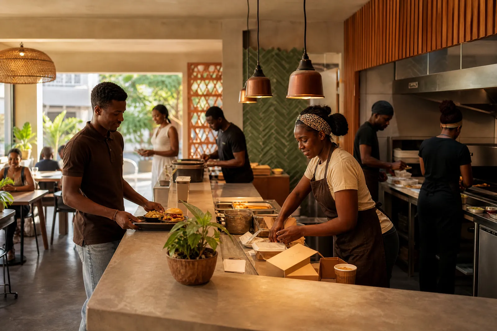 Comptoir d’un fast-food : un client récupère son plateau pendant qu’une équipière emballe une commande.