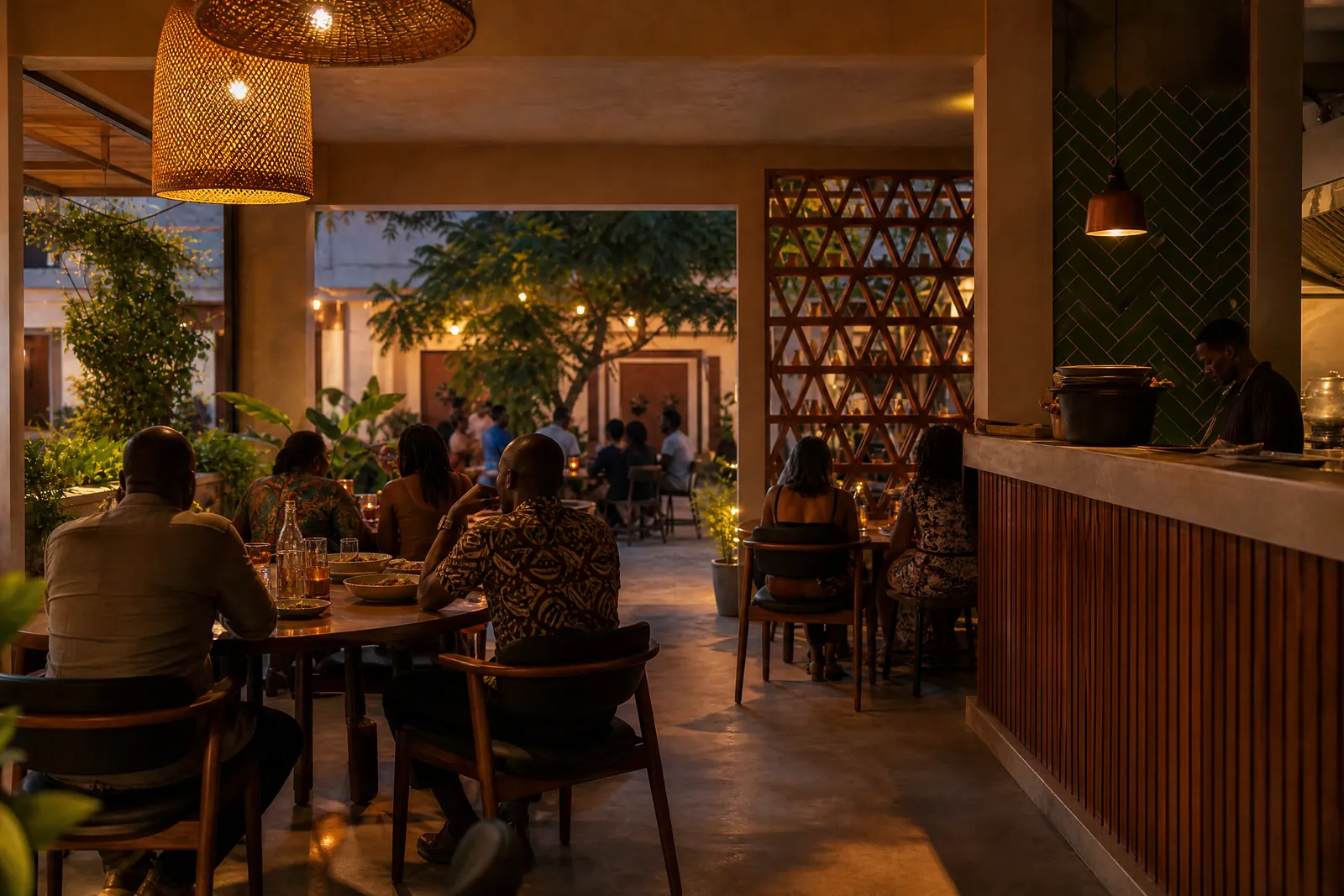 Maquis en soirée : des tables occupées sous les lampes, le comptoir en cuisine à droite.