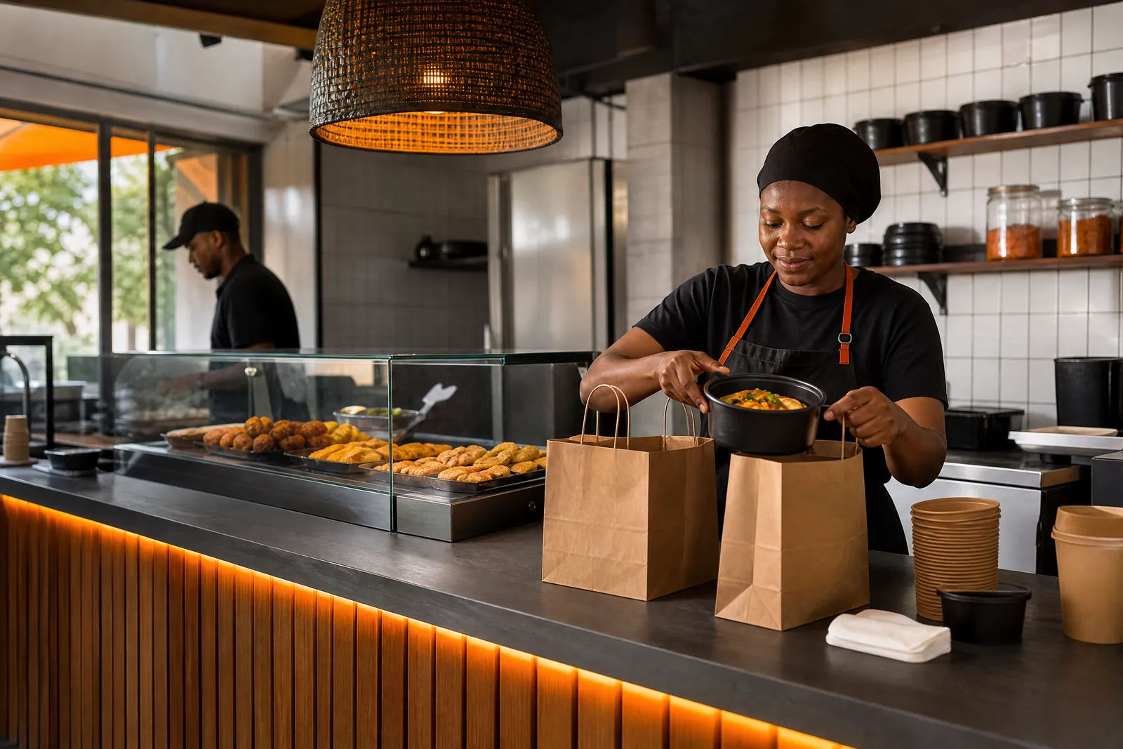 Comptoir d’un snack : une cuisinière prépare deux commandes à emporter devant la vitrine chaude.