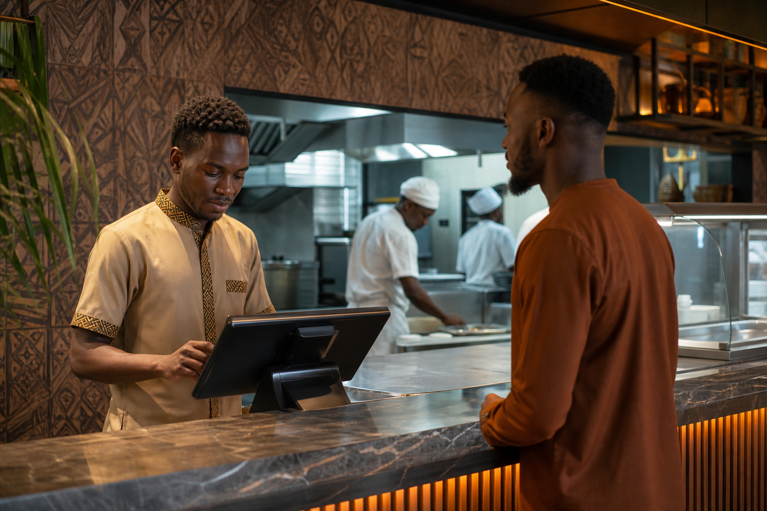 Serveur utilisant un POS restaurant moderne