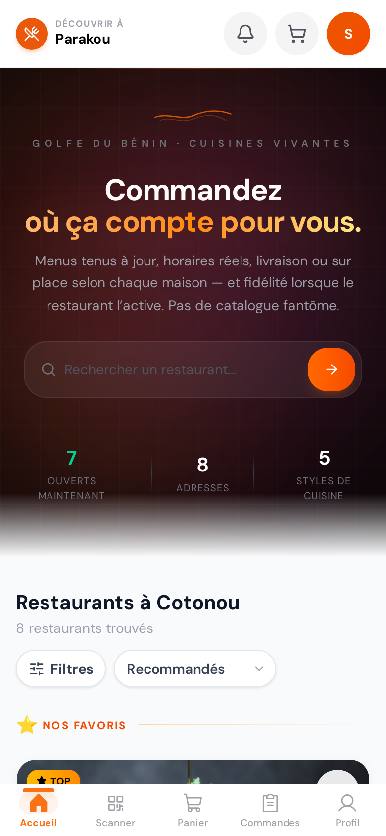 Page restaurant — menu et commande directe