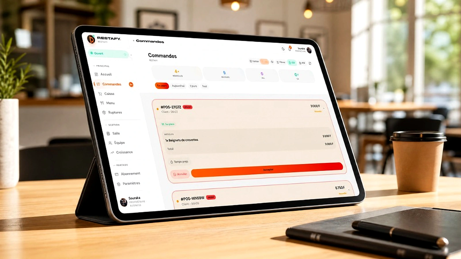 Tablette Restafy sur le comptoir : nouvelles commandes à accepter en temps réel